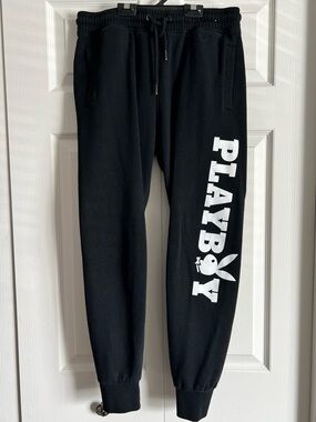 PLAYBOY Black Jogger Pants with White Logo Print
